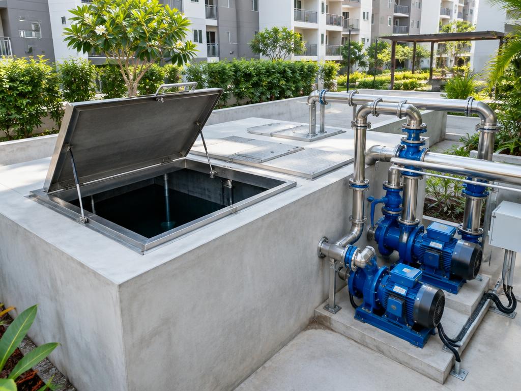 Apartment water storage and pumping system