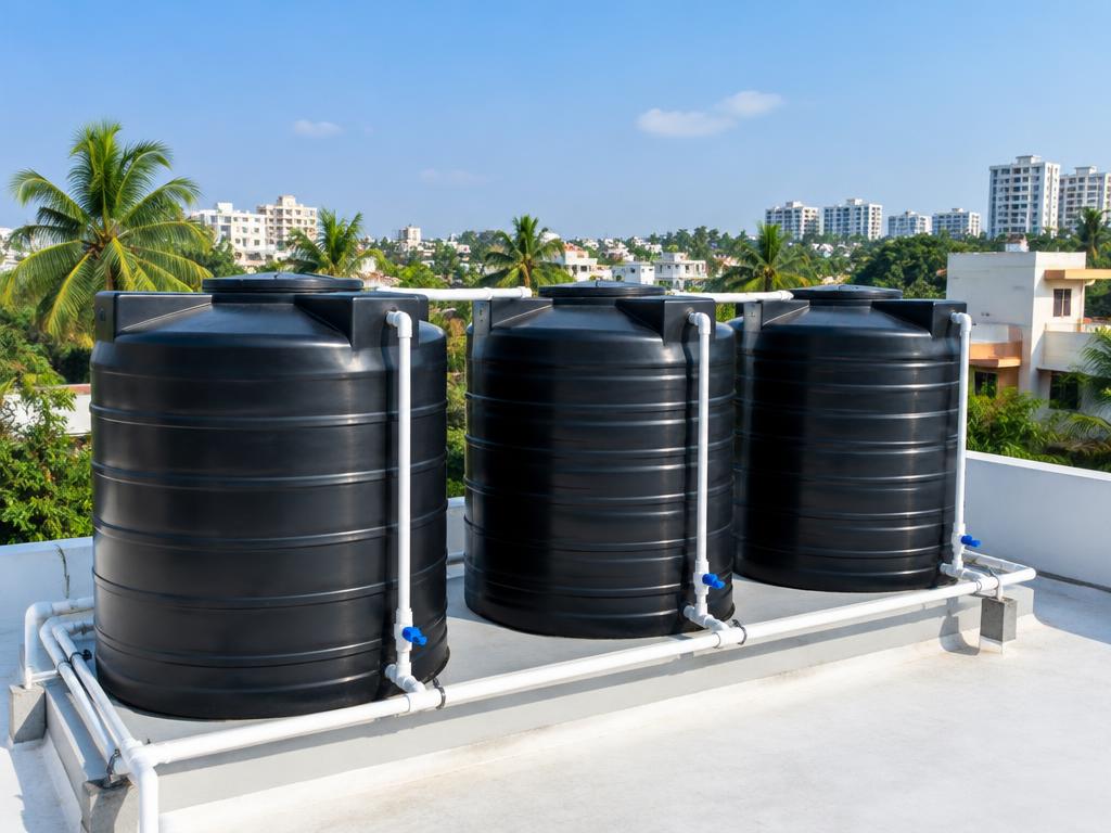 Overhead water tanks on a residential rooftop