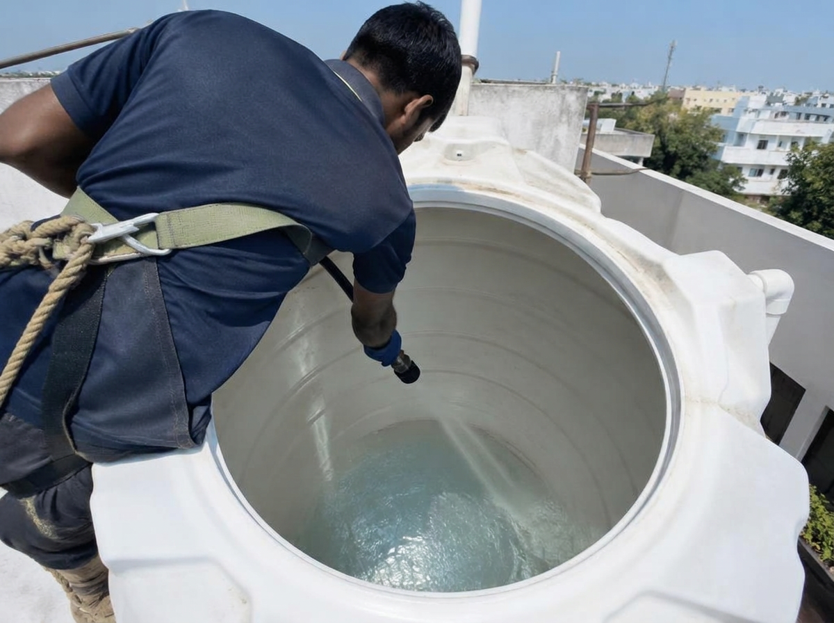 Cleaner rinsing the inside of a rooftop plastic water tank