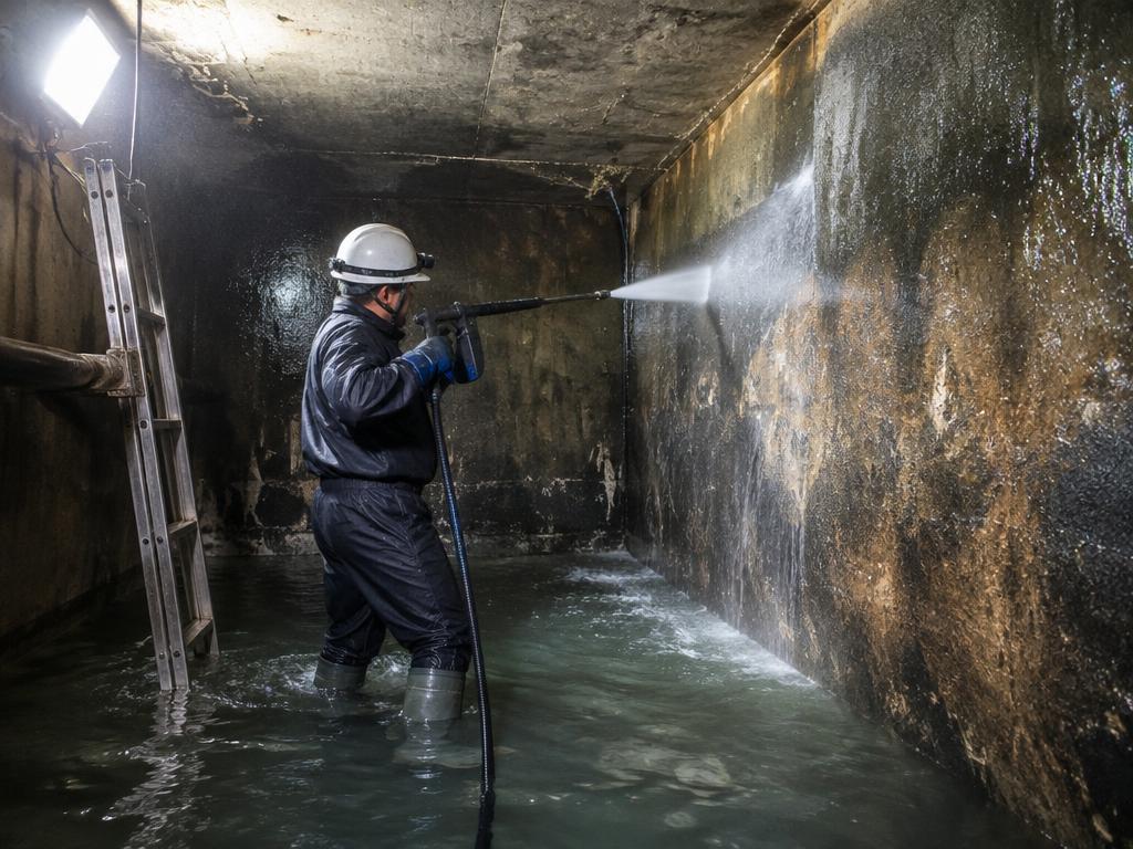 Cleaner pressure washing the interior walls of an underground concrete sump tank