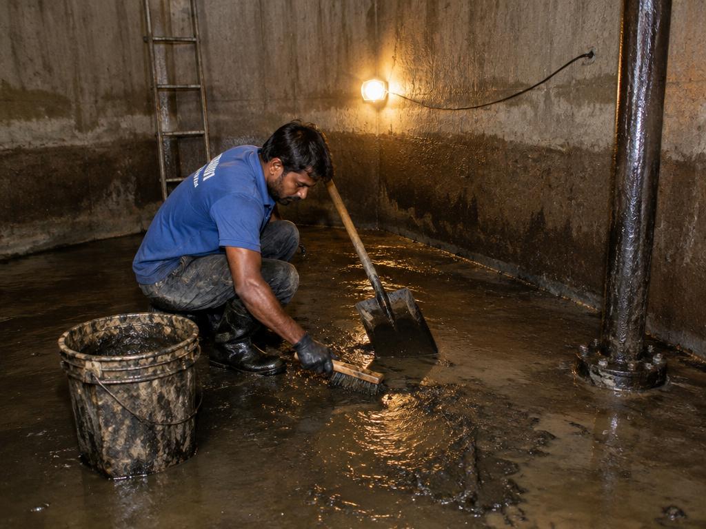 Cleaner scrubbing settled sludge from the floor of a sump tank